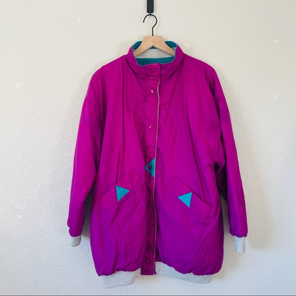 Vintage 80s 90s Magenta & Grey Reversible Puffer Windbreaker - Picture 2 of 11